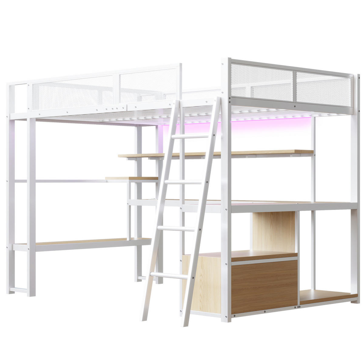 HOCHBETT 140/200 cm mit Schreibtisch, LED-Beleuchtung, Ladestation und Stauraum, Metall/MDF, Weiß - Weiß, Holzwerkstoff (140/200cm) - Redom