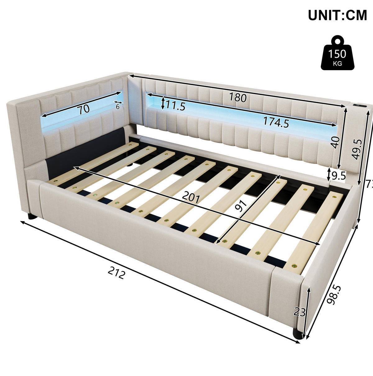 POLSTERBETT aus Leinen 90x200 cm in Beige mit LED & hydraulischem Stauraum - Beige, Textil (90/200cm) - Modfu