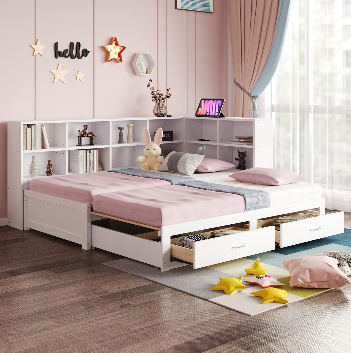 BETT 90/190 cm mit Ausziehbett, Stauraum & Lattenrost in Weiß - Weiß, Holzwerkstoff (90/190cm) - BEAOK