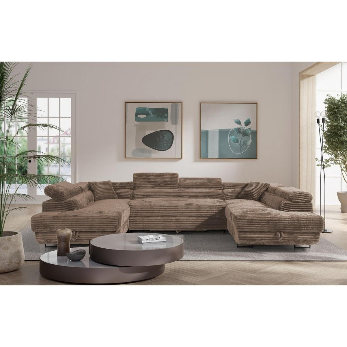 WOHNLANDSCHAFT Luis U mit Schlaffunktion und Bettkasten, 340 cm, Braun - Braun/Grau, Textil/Metall (340/88/205cm) - AN-Moebel 4u