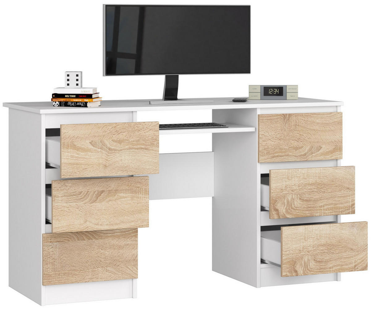 SCHREIBTISCH Weiß, Sonoma Eiche 135x50x77 cm - Weiß/Sonoma Eiche, Holzwerkstoff (50/135/77cm) - Akord