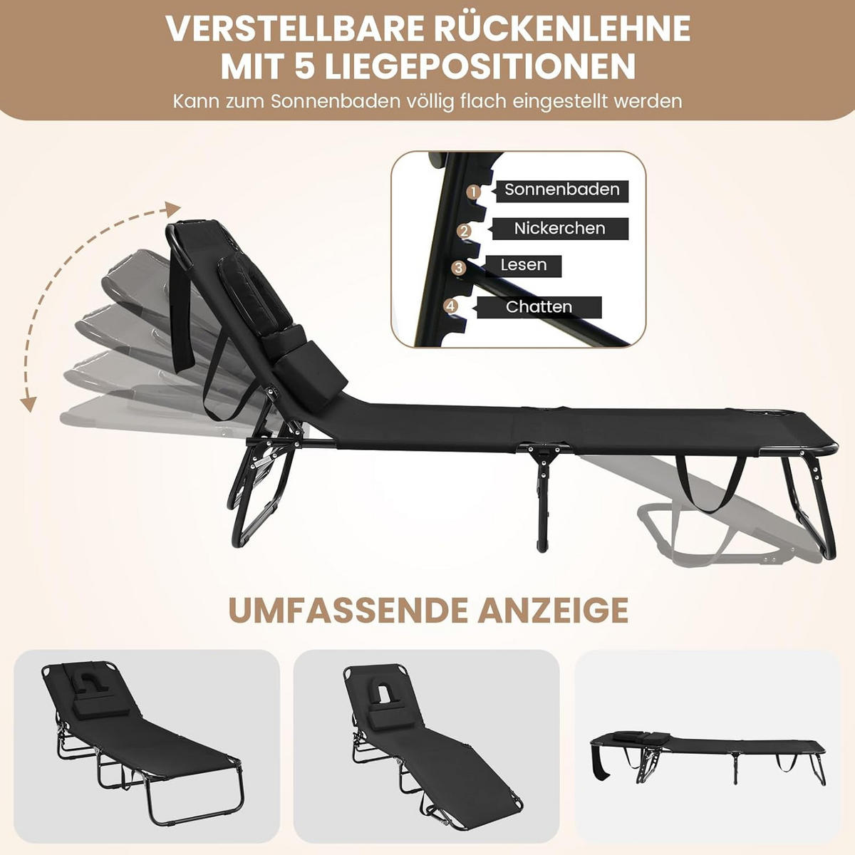 SONNENLIEGEN Schwarz - Schwarz, Metall (63/30/194cm) - COSTWAY