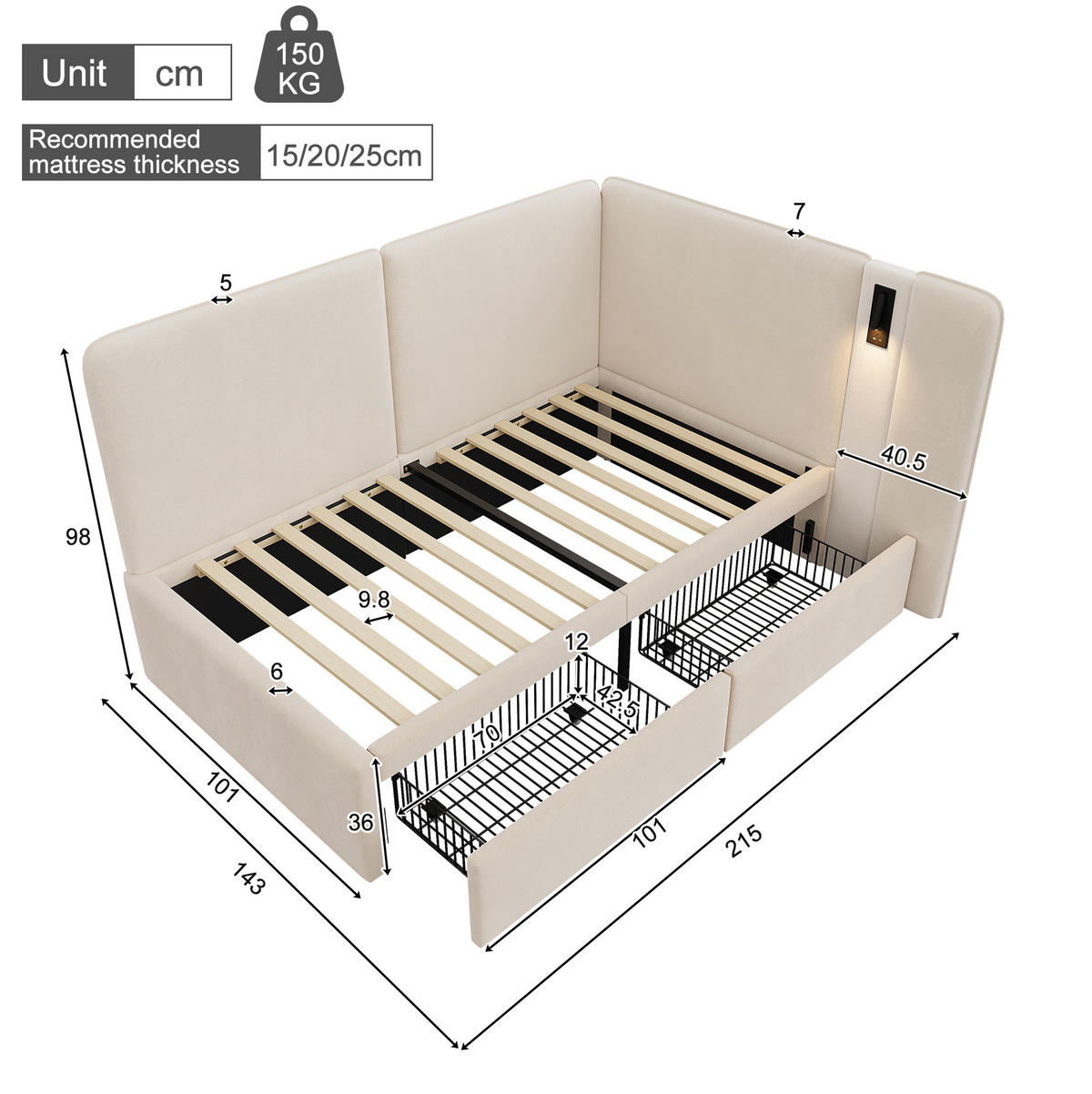TAGESBETT 90/200 cm mit 2 Schubladen, USB- und Typ-C-Anschluss sowie Leselampe, Samtbezug, Beige - Beige, Textil (90/200cm) - Redom