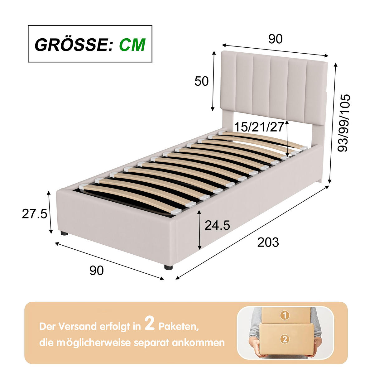STAURAUMBETT 90x200 cm, jugendbett, mit hydraulischem Liftmechanismus und großem Bettkasten, Leinenstoff, beige - Beige, Holz/Textil (90/200cm) - BRILVERDE