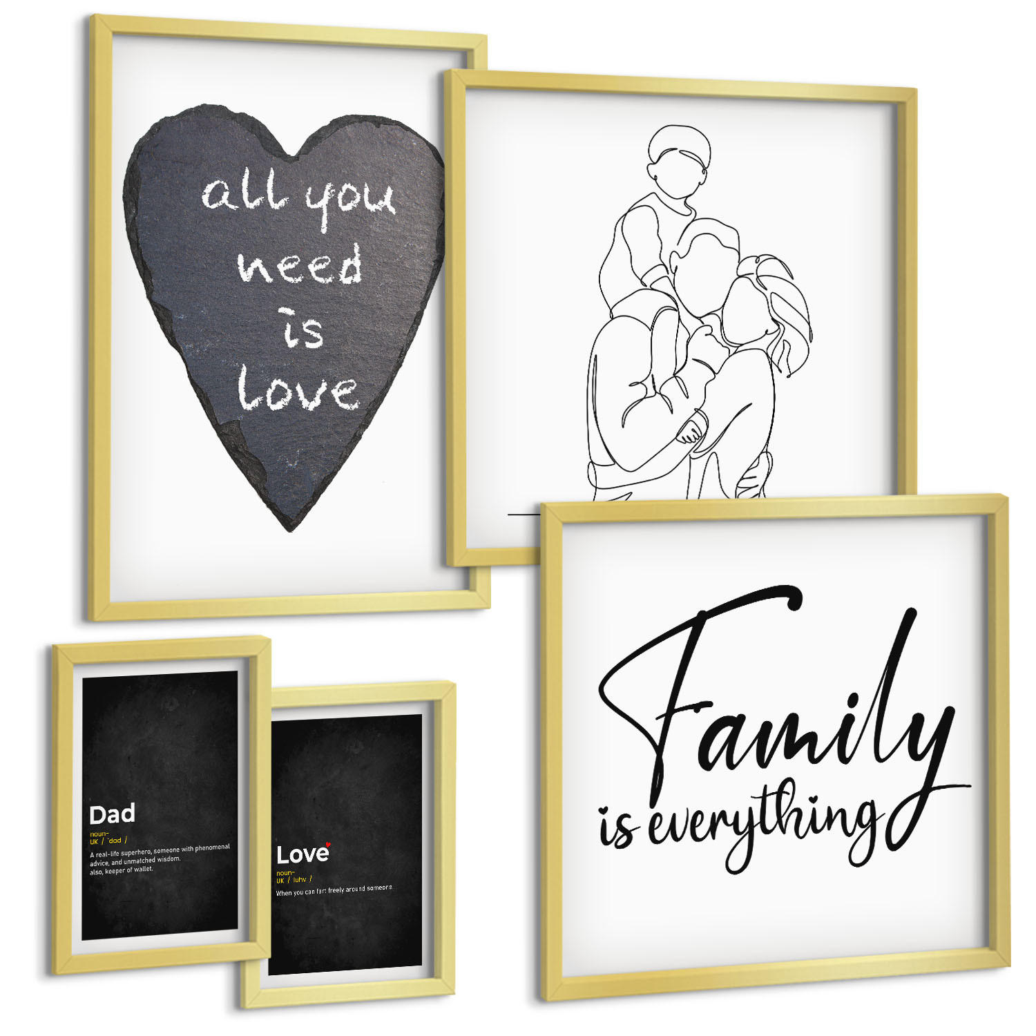 BILDER SET 5er Set - 50x50 cm & 20x30 cm & 40x60 cm Goldrahmen - Definitionen der Liebe in Familienzeichnungen - Goldfarben, Kunststoff (40/60cm) - TULUP