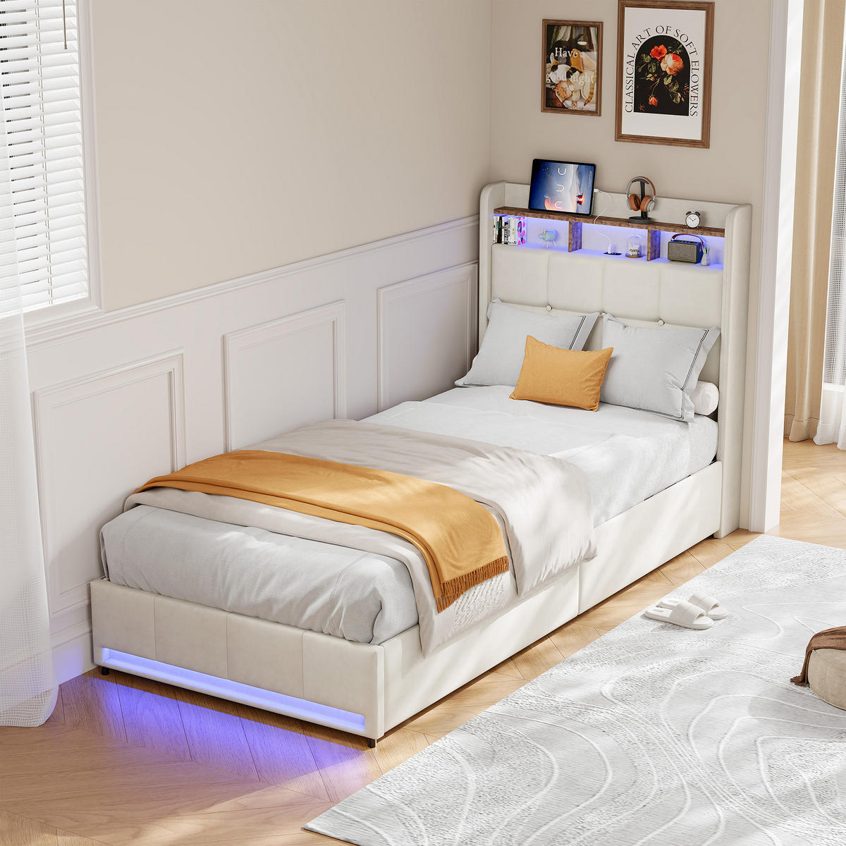 POLSTERBETT 90x200 cm LED USB Schubladen Leinen beige - Beige, Holz (90/200cm) - LEBENLANG