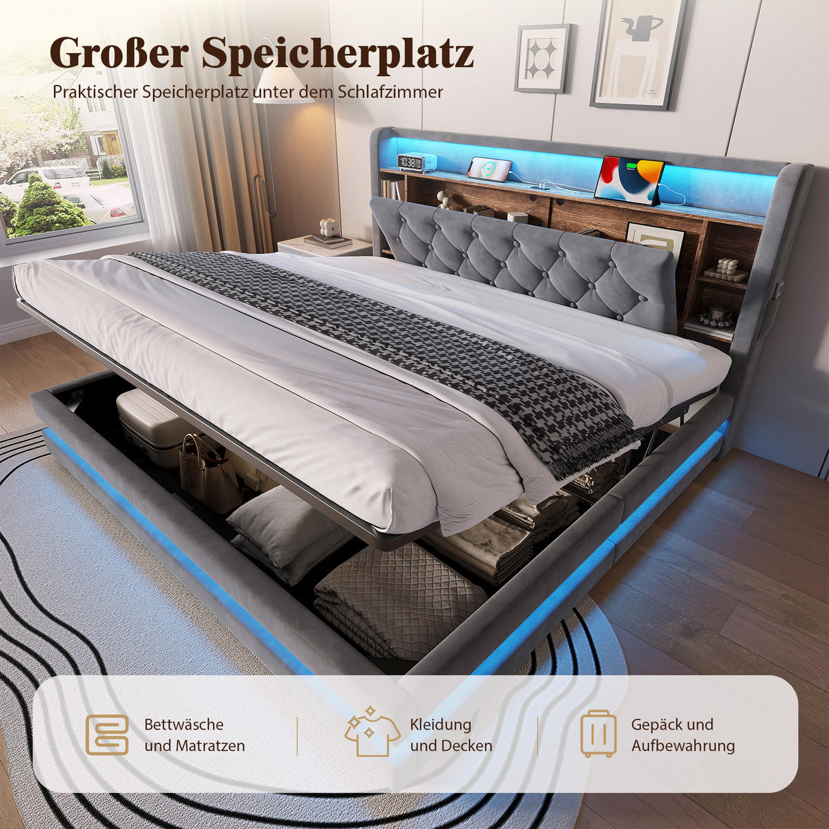 BOXBETT 180/200 mit LED/USB, Kopfteil-Regal & Hydraulik, Samt, Dunkelgrau - Dunkelgrau, Holz (180/200cm) - LVHOM