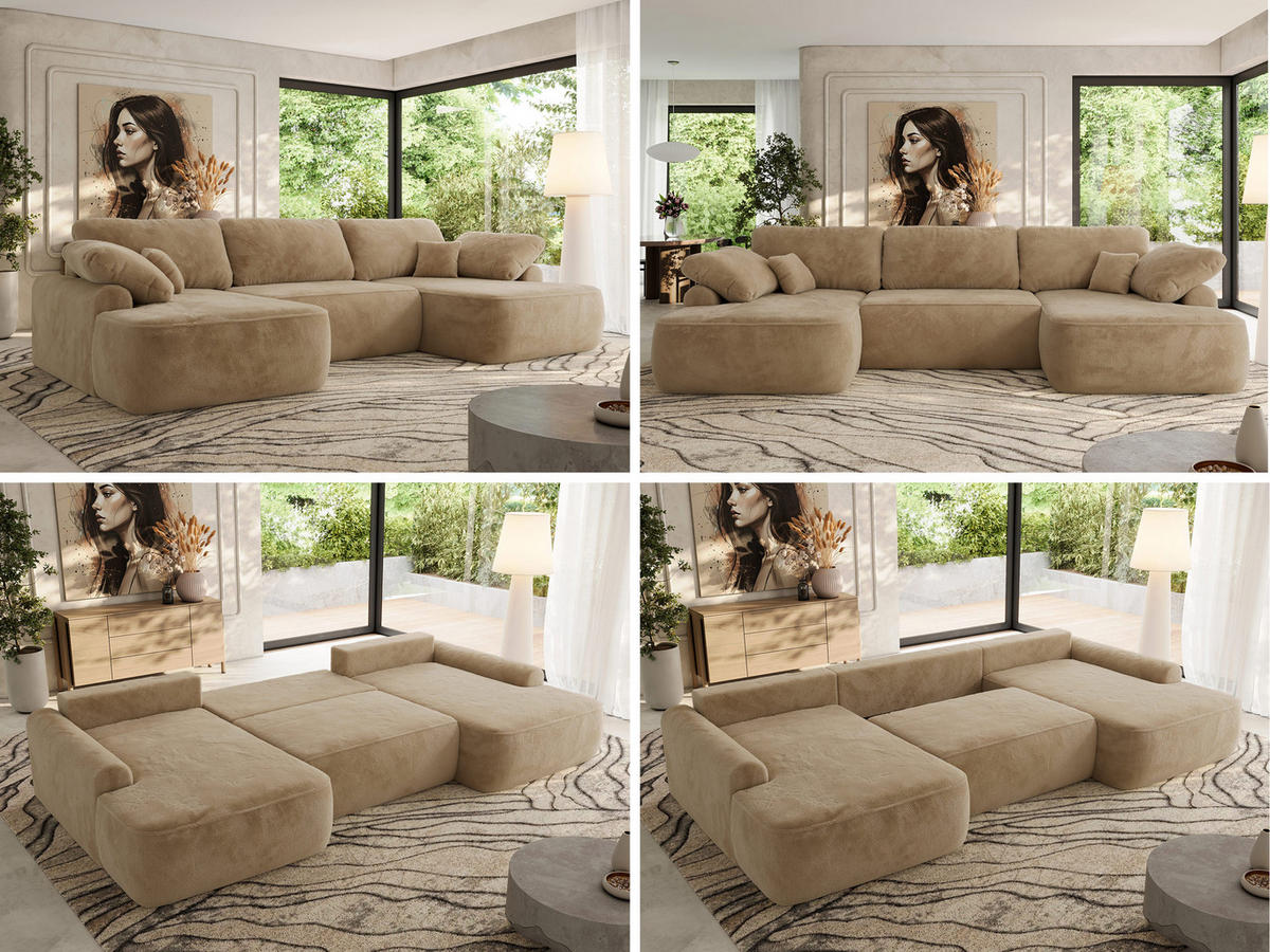 WOHNLANDSCHAFT CUBO U Beige Plüsch - Beige/Schwarz, Kunststoff/Textil (370/100/187cm) - MKS