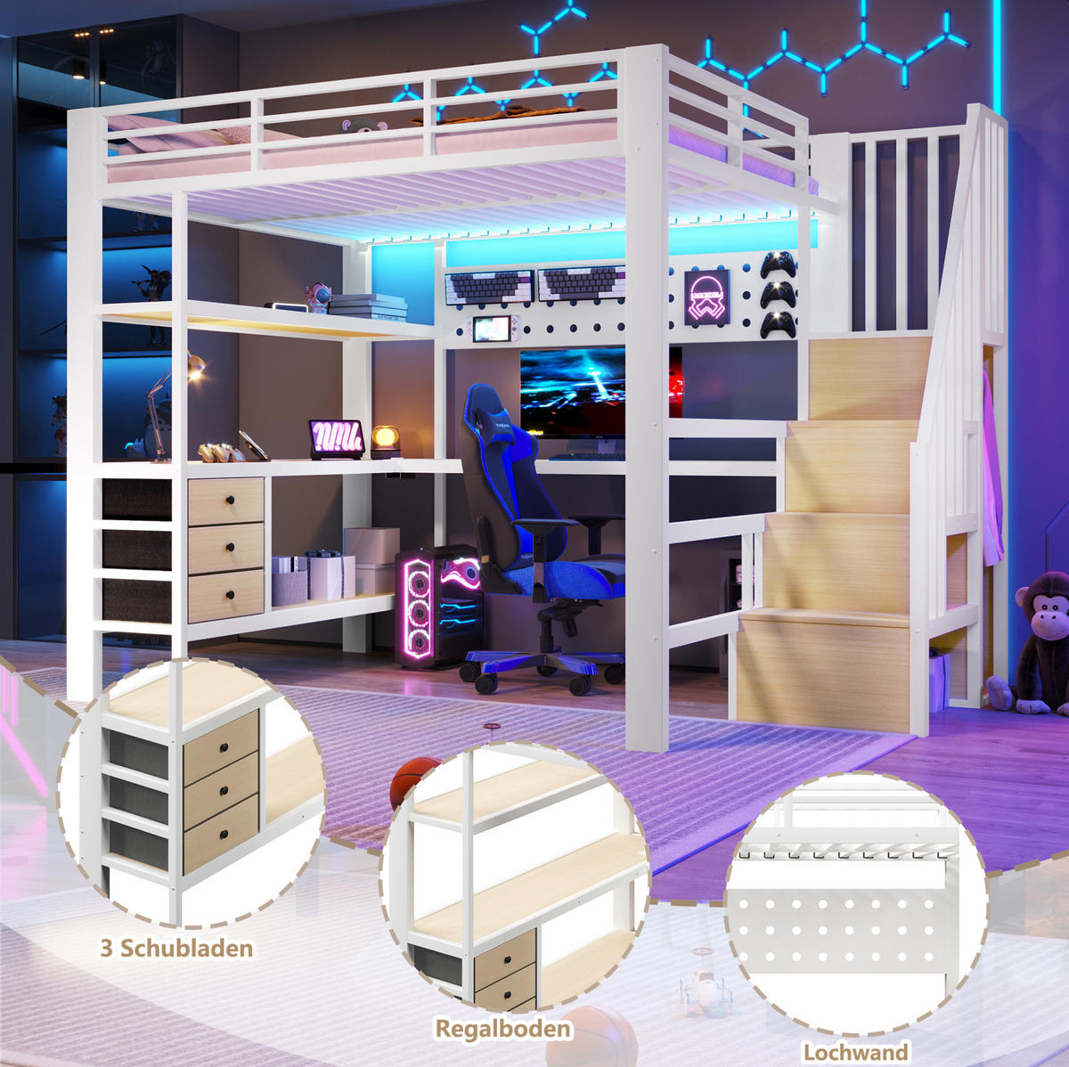 HOCHBETT 140/200 cm mit Schreibtisch, Stauraumtreppe, Lochwand, Steckdose und dimmbarem LED-Licht, Weiß - Weiß, Holzwerkstoff (140/200cm) - Redom