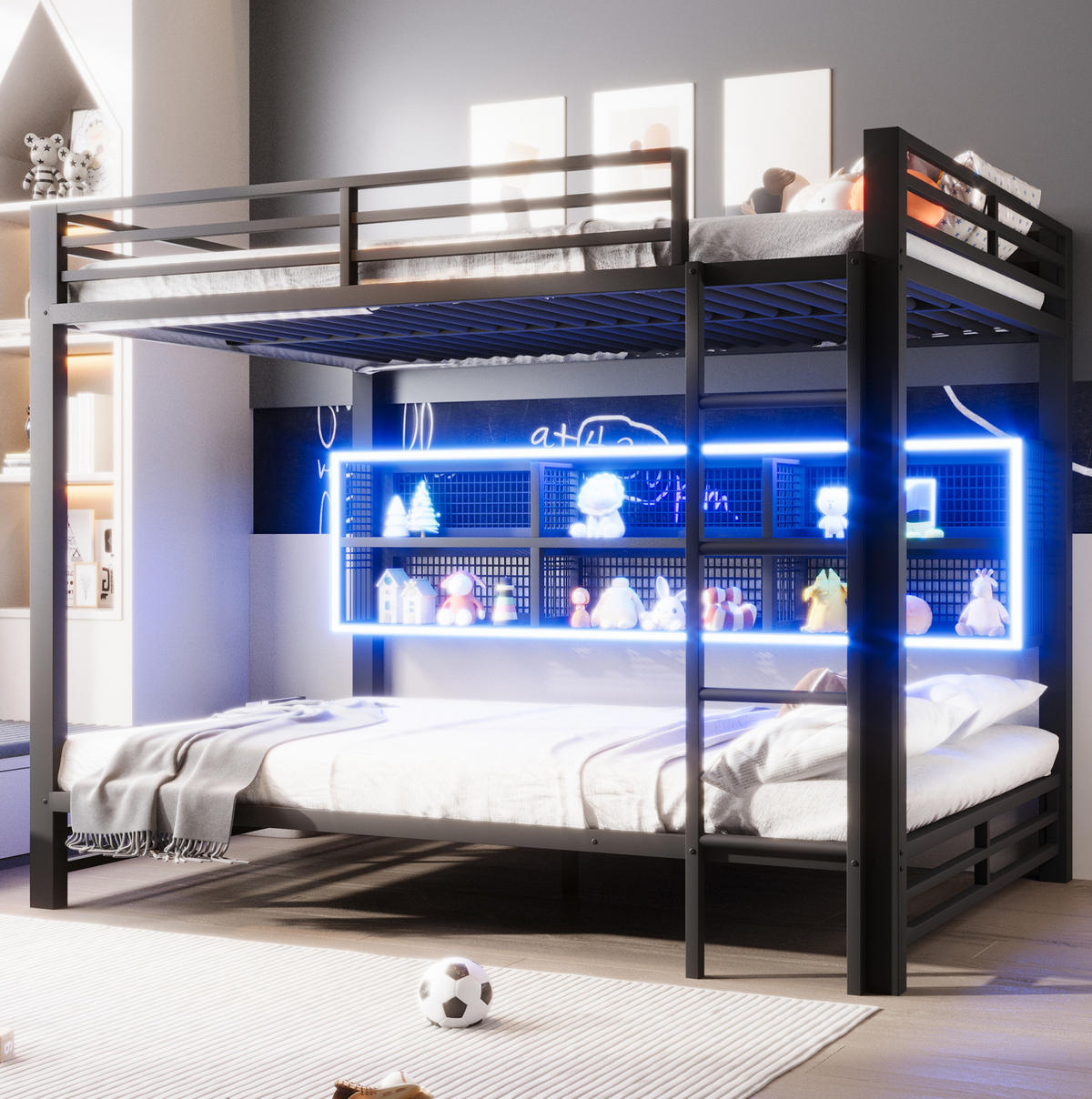 POSCHODOVÁ posteľ 140/200 cm čierna s úložnými skrinkami a LED osvetlením z kovu - čierna, kov (140/200cm) - OKWISH