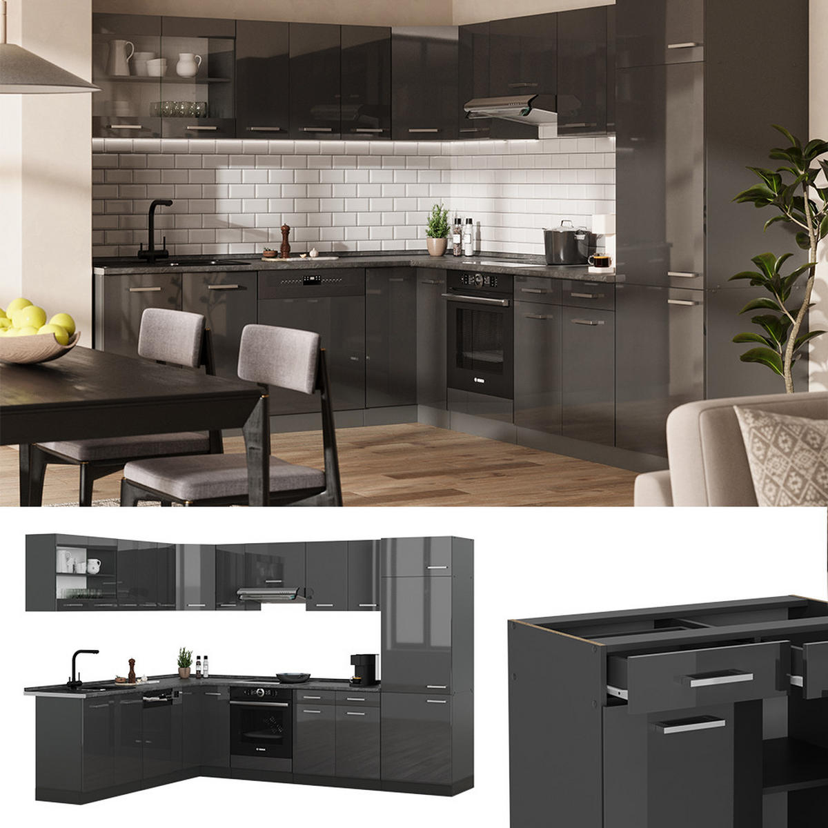 Schwarz Hochglanz/Anthrazit, Holzwerkstoff (287/81.6/60cm) - Vicco