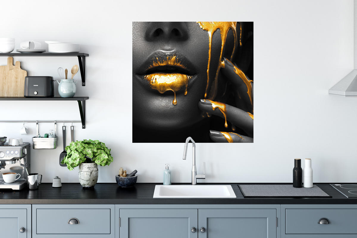 WANDTATTOO Frau - Schwarz - Gold - Gesicht - Lippen 50x50 cm - Goldfarben, Kunststoff (50/50/0.1cm) - MuchoWow