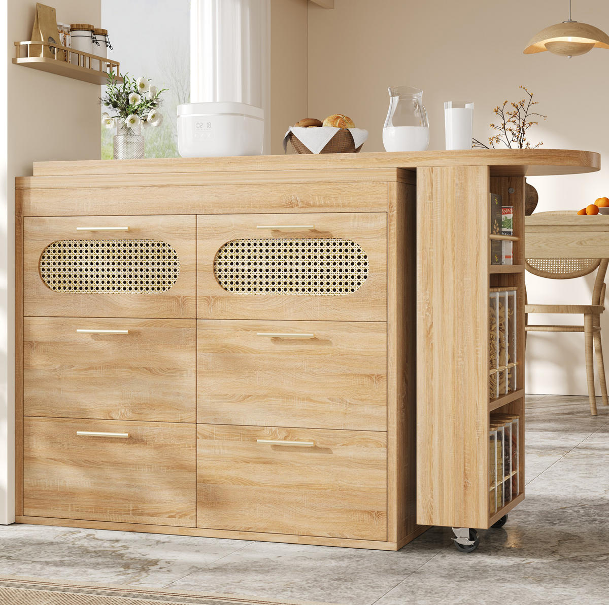 BARTISCH 128-203/39/90 cm drehbar mit 6 Schubladen, Ablagefach und Kippsicherung, MDF mit PE-Rattan, Natur - Naturfarben, Holzwerkstoff (39/203/90cm) - Redom