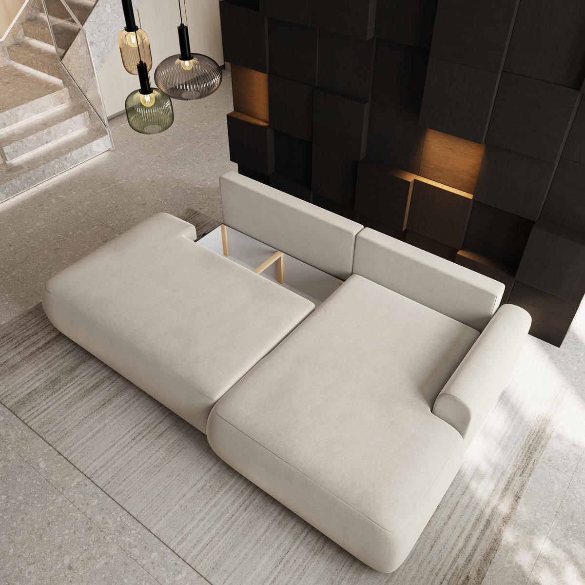 ECKSOFA NUVIRA CL R-S Creme Samtstoff mit Schlaffunktion - Creme, Holzwerkstoff/Textil (279/158cm) - MASSENO