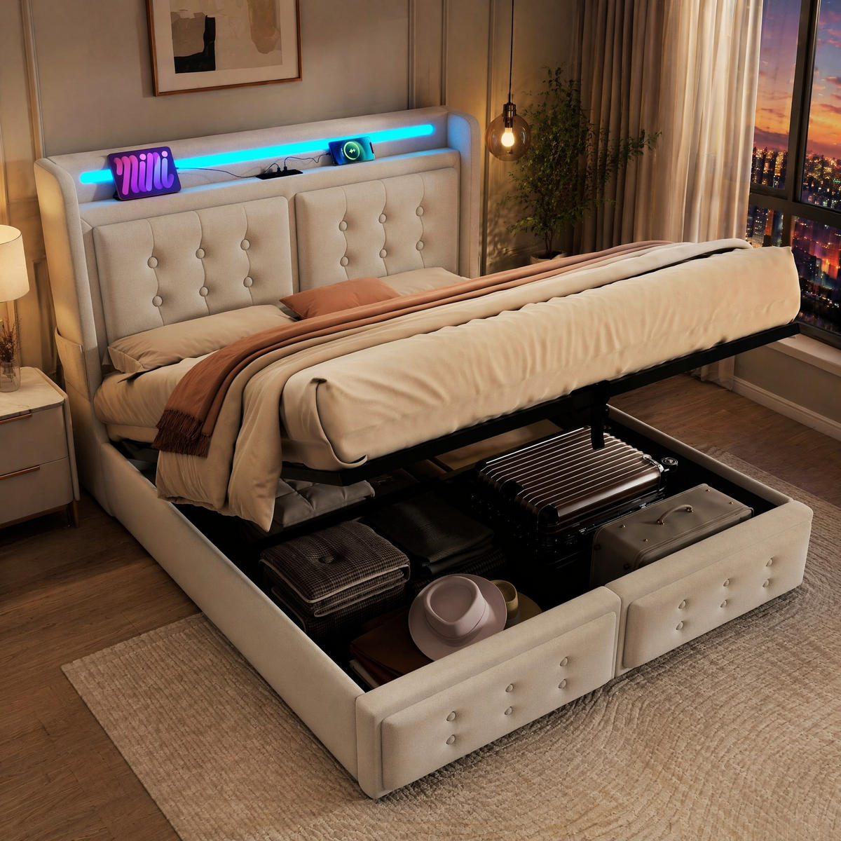 POLSTERBETT 160/200 mit Bettkasten, LED und USB in Beige - Beige, Holzwerkstoff/Textil (160/200cm) - EVRYAE