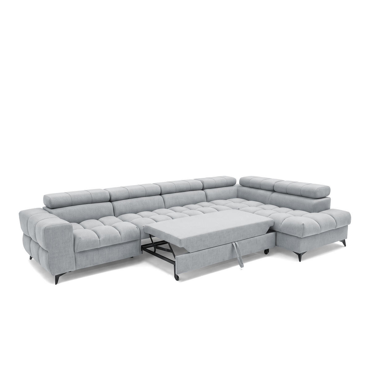 ECKSOFA PUDDING MAXI L Rechts mit Schlaffunktion 125x195 Velours Hellgrau - Hellgrau/Schwarz, Holz/Textil (350/203cm) - Muffo
