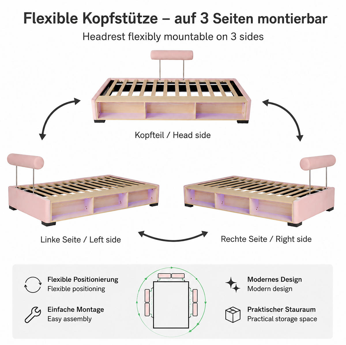 KINDER-POLSTERBETT 90x200 cm in Rosa mit LED-Seitenregal und offenem Stauraum - Pink, Textil (90/200cm) - IVMEU