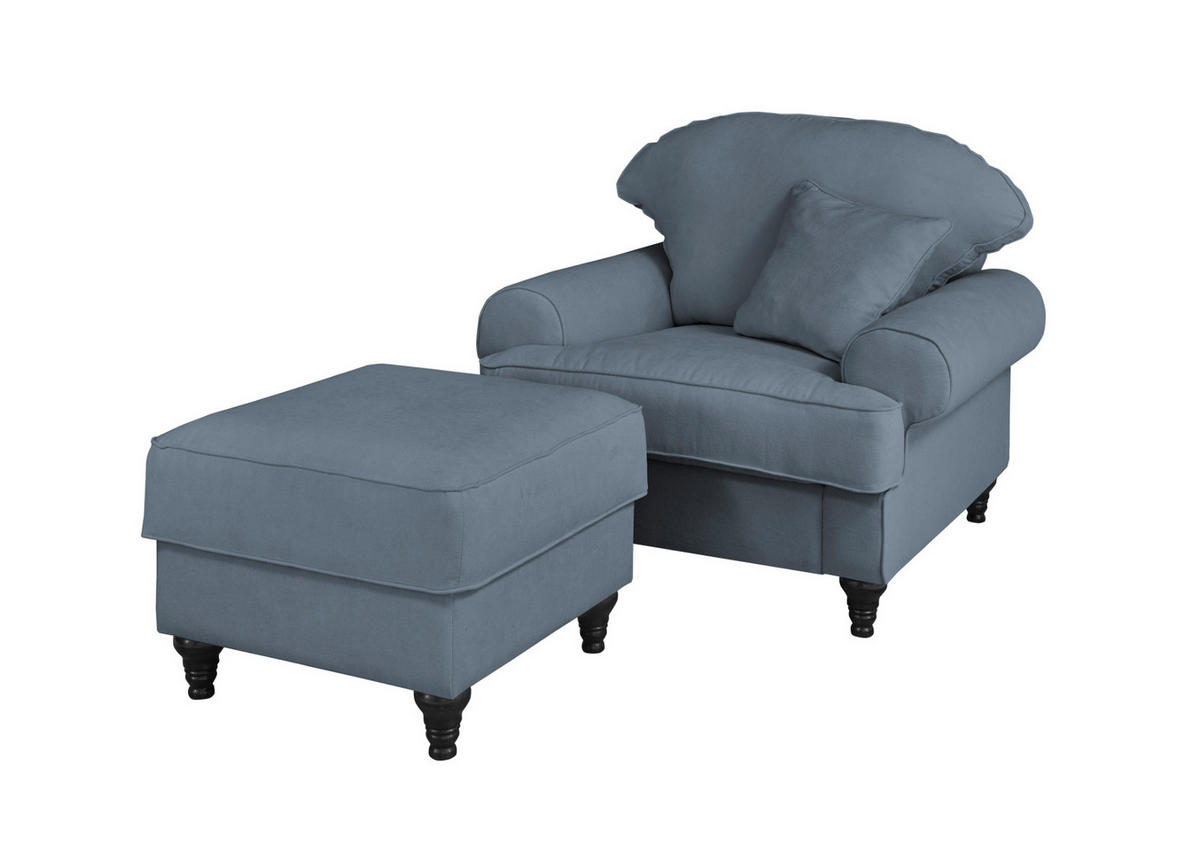 SESSEL-SET blau Landhaus, Loungesessel inklusive Hocker - Blau/Braun, Holz/Textil (175/95/110cm) - Furn.Design
