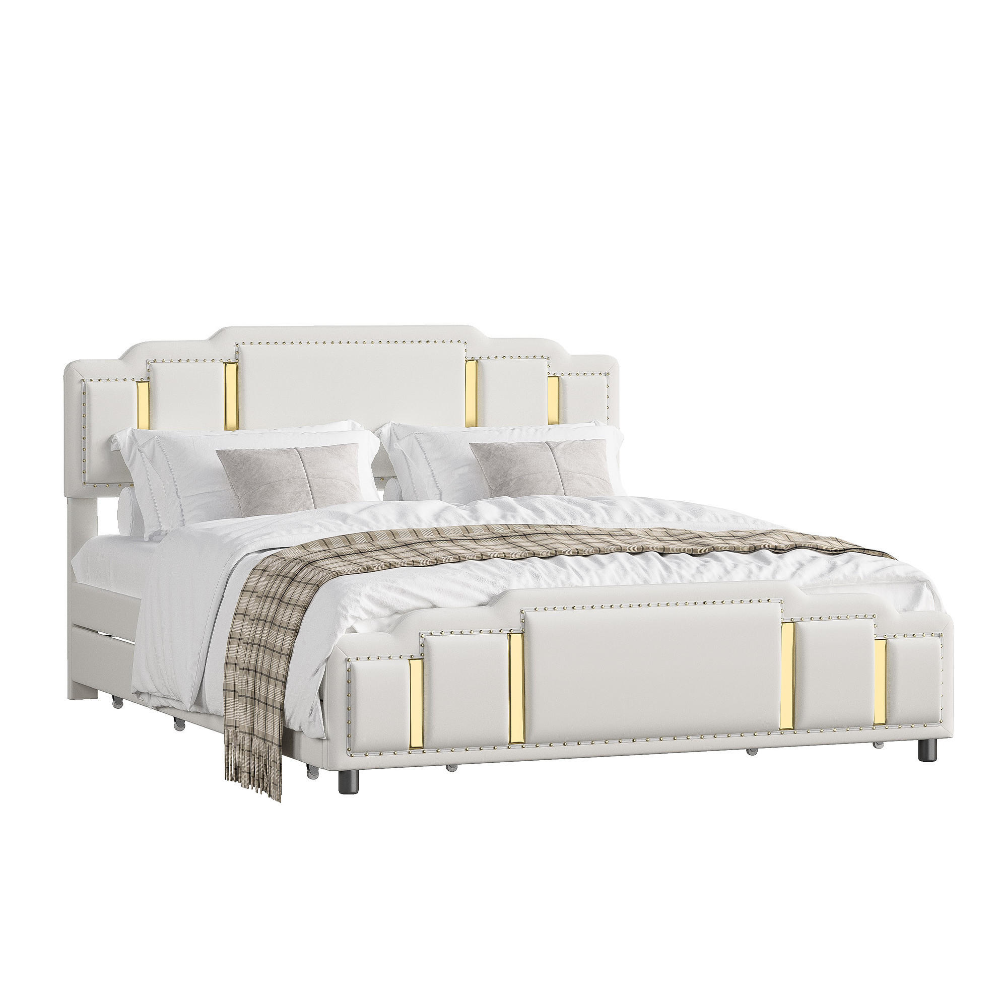 BETT mit 4 Schubladen und LED 160x200 cm Samt Beige - Beige, Metall (160/200cm) - Meubliv