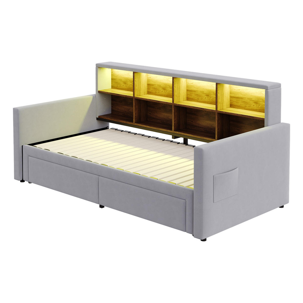 POLSTERBETT 90/190 cm Hellgrau aus Samt mit Stauraum LED-Beleuchtung und Ladeanschlüssen - Hellgrau, Textil (90/190cm) - OKWISH