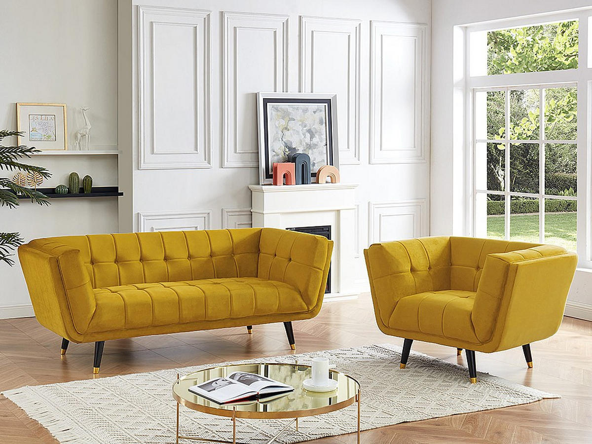 SESSEL - Samt - Ocker - SAMANTHA II - Gelb, Textil (110/76/91cm) - Vente-Unique