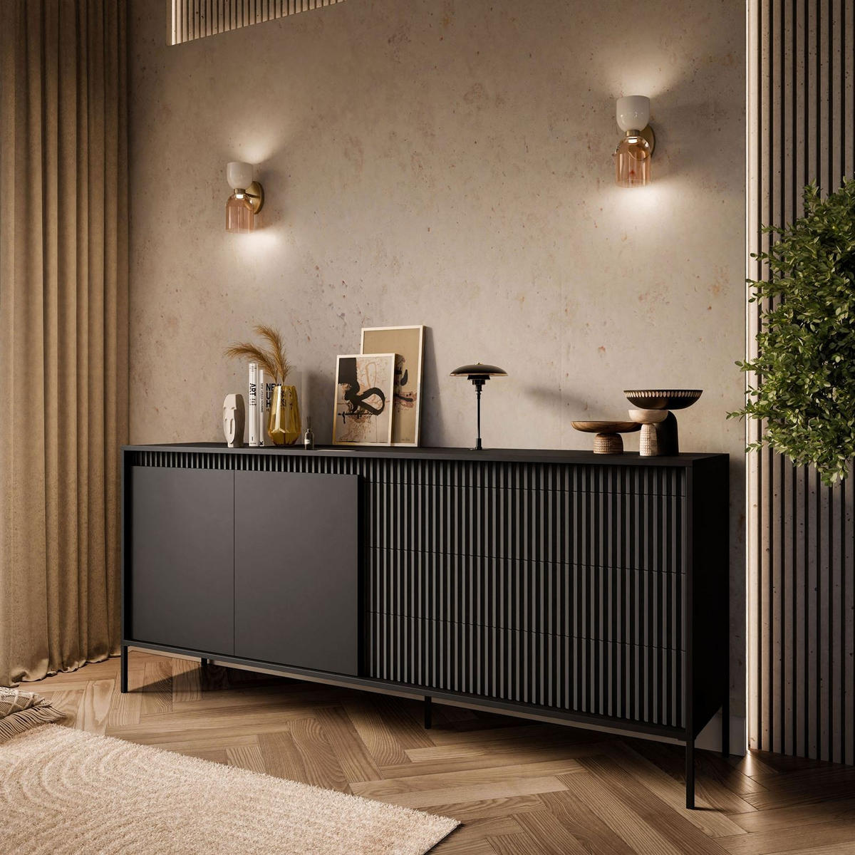 SIDEBOARD YASUMI 187 2D3S mit Schubladen schwarz matt - Schwarz, Holzwerkstoff (187.1/81.4/39.5cm) - Lookway