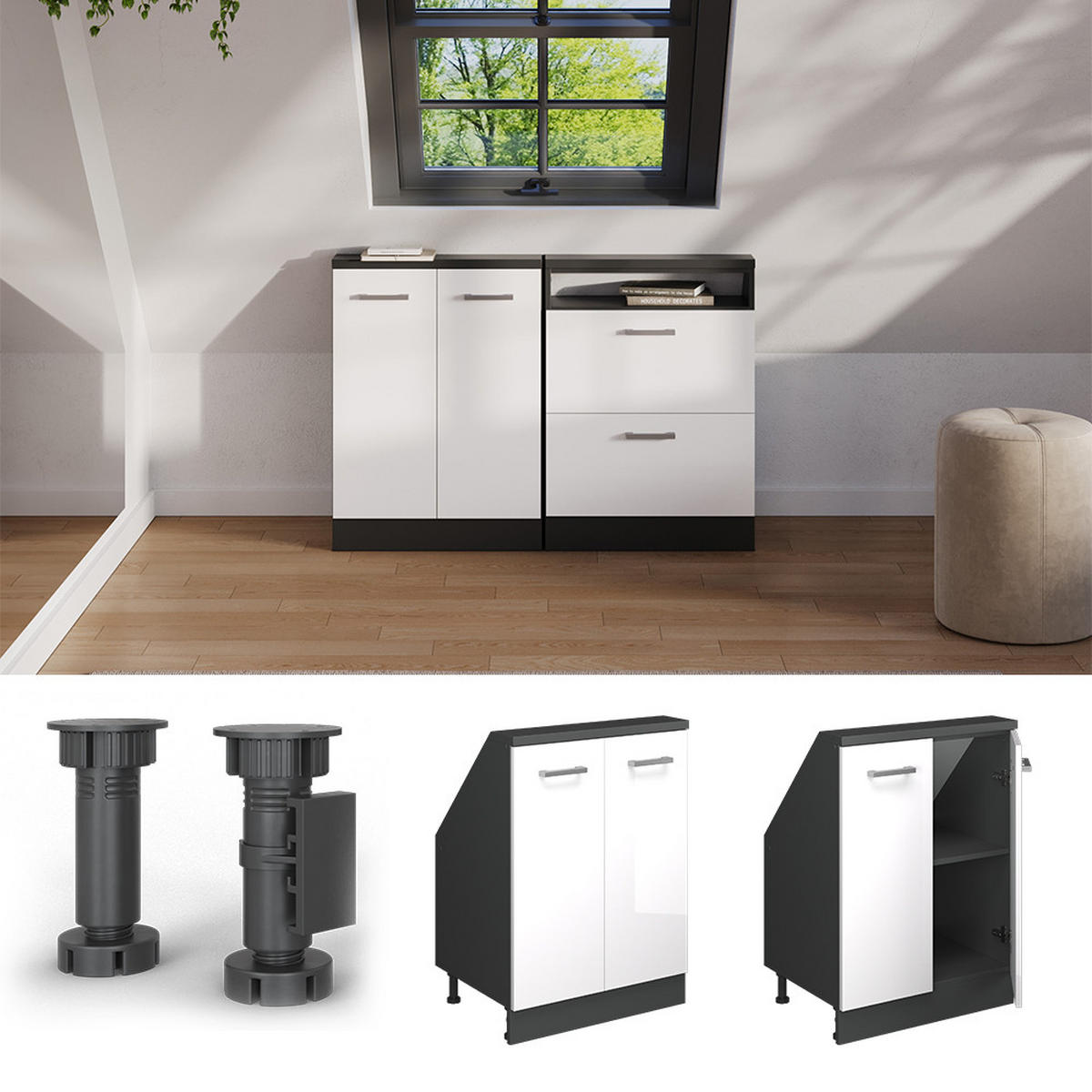 KUCHYŇSKÁ SKŘÍŇKA POD ŠIKMOU STŘECHU R-Line Bílý vysoký lesk/antracit - bílá/antracitová, kompozitní dřevo (60/81.6/46cm) - Vicco