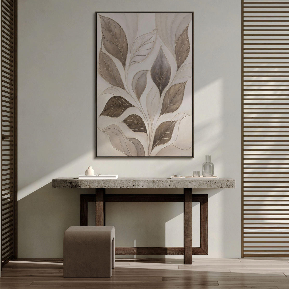 GEMÄLDE Wind in den Blättern Schattenfugenrahmen Beige 140x100 cm - Beige, Holz (140/100cm) - YS-art gallery