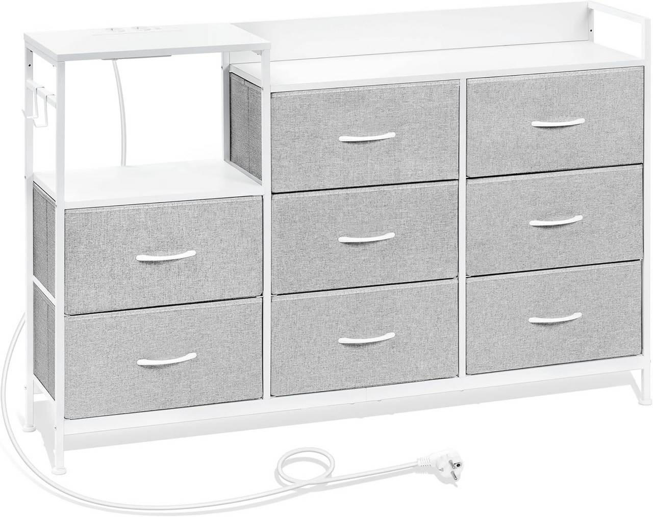 KOMMODE mit 8 Schubladen, 2 Steckdosen, Hellgrau - Hellgrau/Weiß, Holzwerkstoff/Textil (132/88/30cm) - Woltu