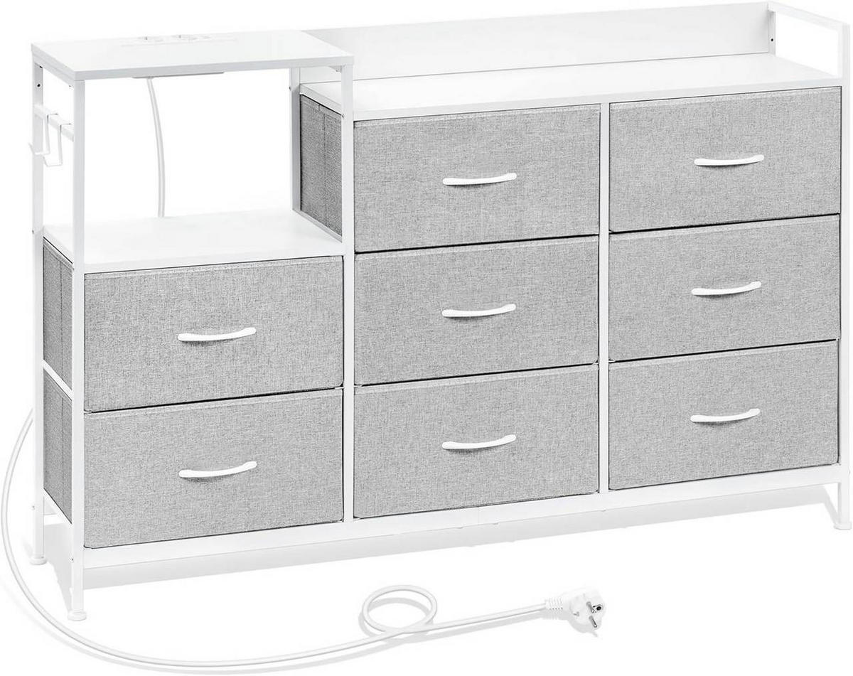KOMMODE mit 8 Schubladen, 2 Steckdosen, Hellgrau - Hellgrau/Weiß, Holzwerkstoff/Textil (132/88/30cm) - Woltu