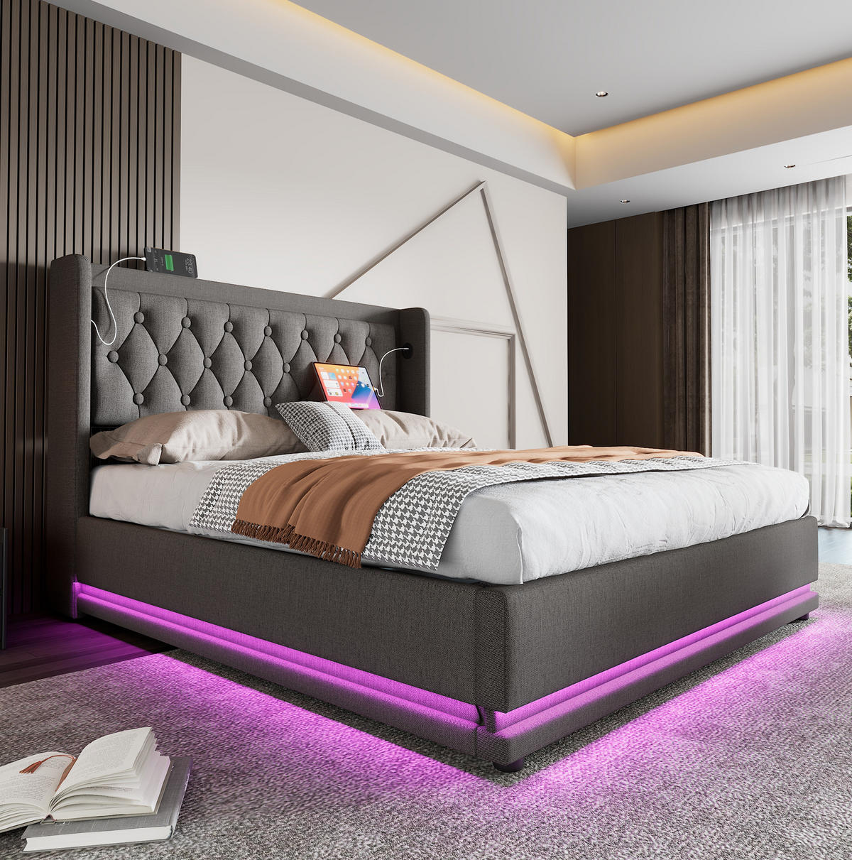 POLSTERBETT 140/200 cm mit Bettkasten, LED-Beleuchtung und USB-C in Grau - Grau, Textil (140/200cm) - BEAOK