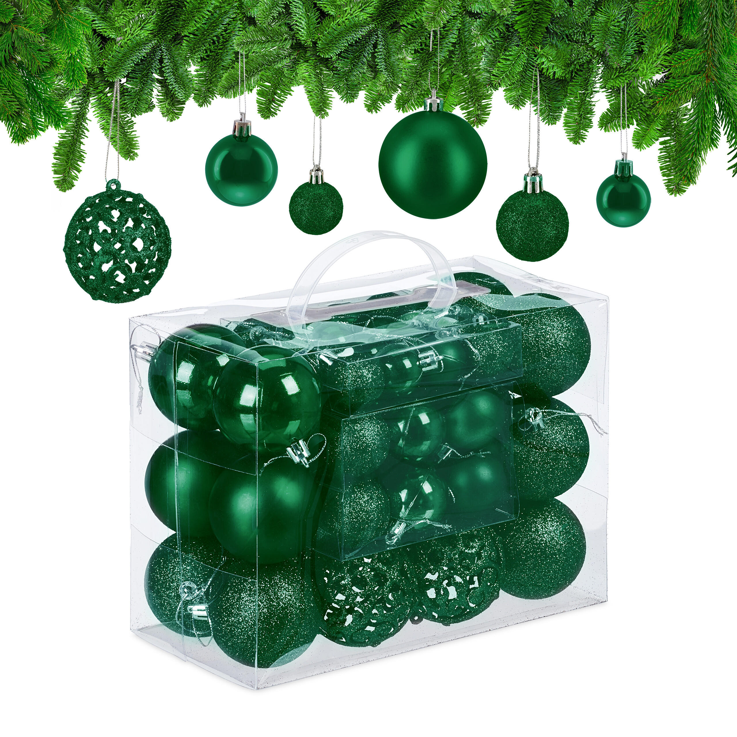 50-TLG.WEIHNACHTSKUGELN-SET - Dunkelgrün, Kunststoff (6/7/6cm) - Relaxdays