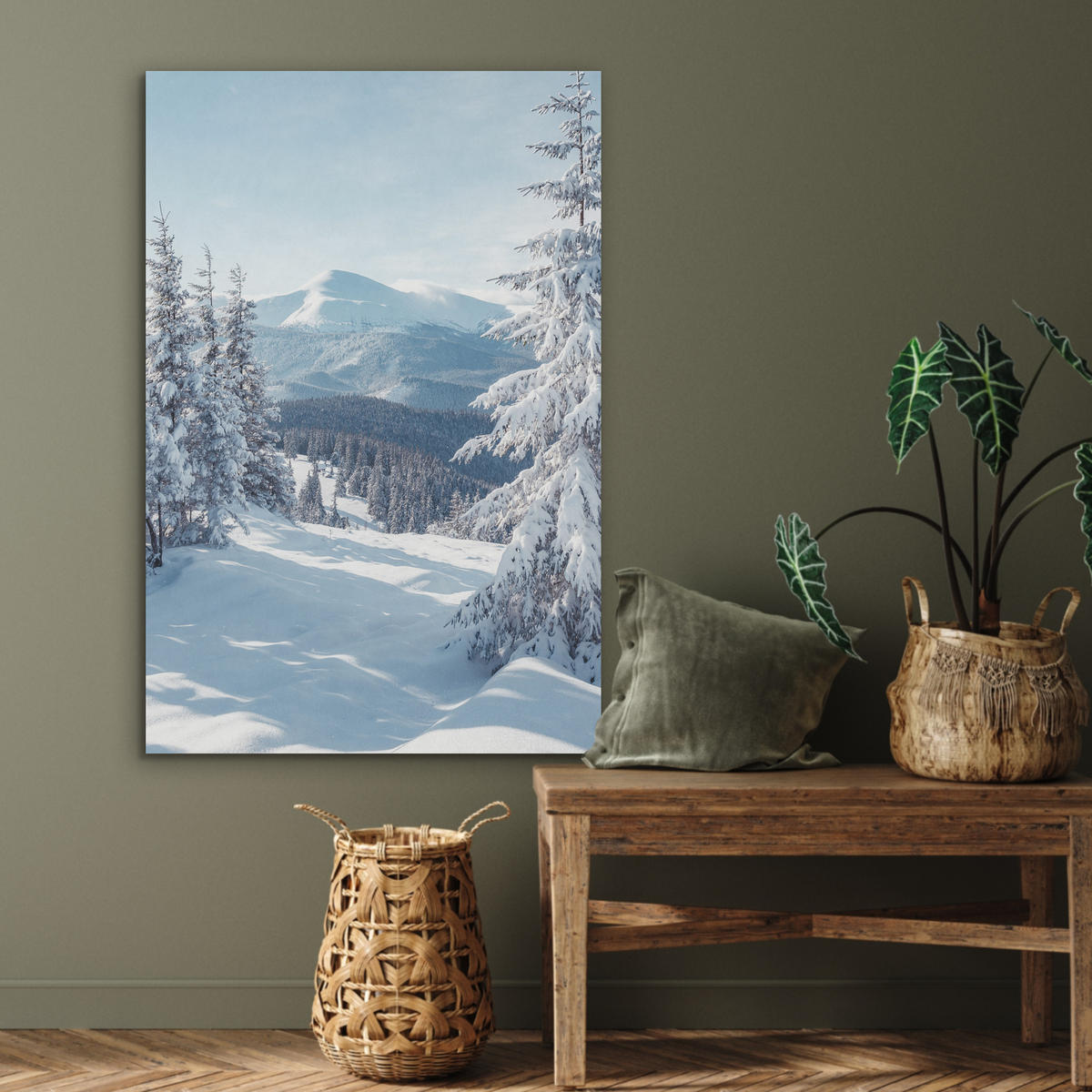 AKUSTIKPANEEL Winterlandschaft - Natur - Berge - Bäume - Schnee 70x100 cm - Hellblau, Textil (70/0.9/100cm) - MuchoWow