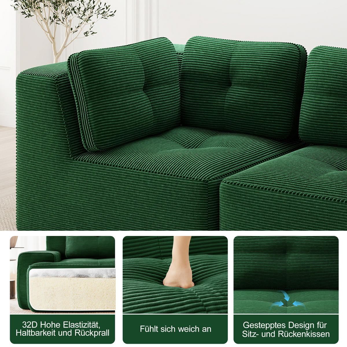2-SITZER Sofa 208x104x69 cm aus Cordstoff rahmenlos modular, grün - Grün, Textil (104/69/208cm)