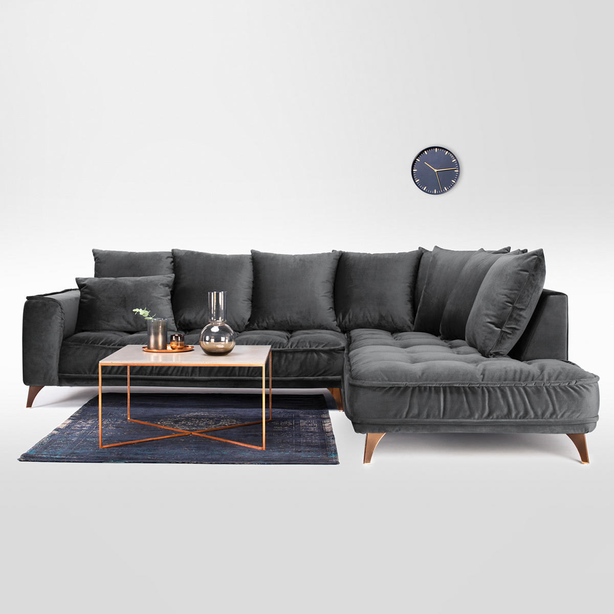 ECKSOFA mit Ottomane - Samt - Schwarz, Textil/Metall (288/245cm) - home24