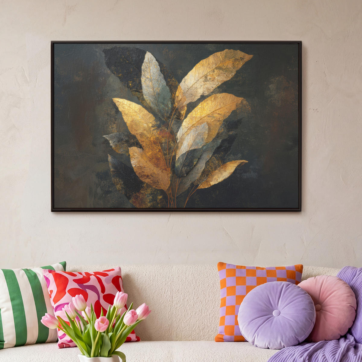 LEINWAND Bilder mit Rahmen - Golden Leaf Komposition - Botanical Luxury - 90x60 - Goldfarben, Textil (90/60cm) - MuchoWow