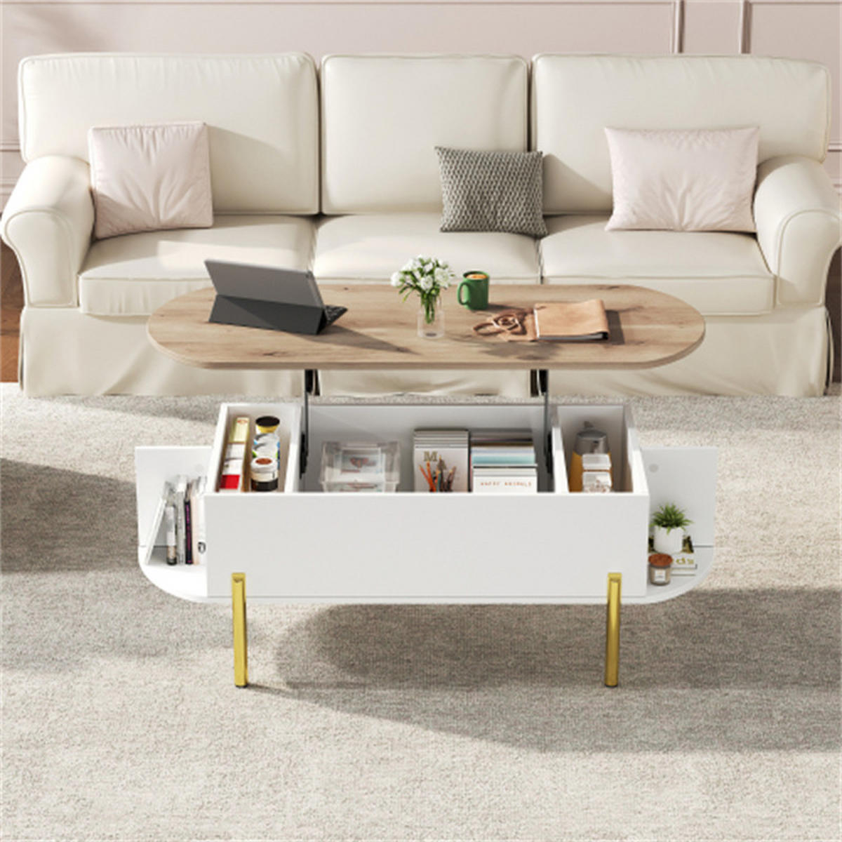 COUCHTISCH 120 x 50 x 43 cm, Wohnzimmer-Couchtisch, höhenverstellbare Tischplatte, mit verstecktem Stauraum, Holzfarbe + Weiß. - Weiß, Holzwerkstoff (120/50/43cm) - Blomus