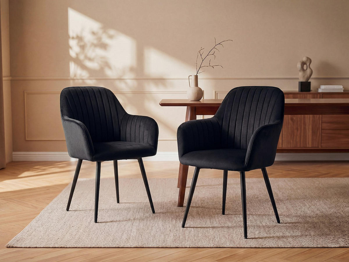 STUHL - 58 cm x 59 cm - Samt, Stoff - Schwarz - ELEANA - Schwarz, Textil (58/82/59cm) - Vente-Unique