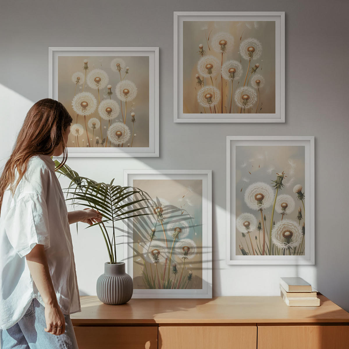 WANDBILDER 4er-Set - 50x50 cm & 40x60 cm Weißer Rahmen - Pastellfarbene Löwenzahnblüten - Weiß, Kunststoff (50/50cm) - ArtPrintCave