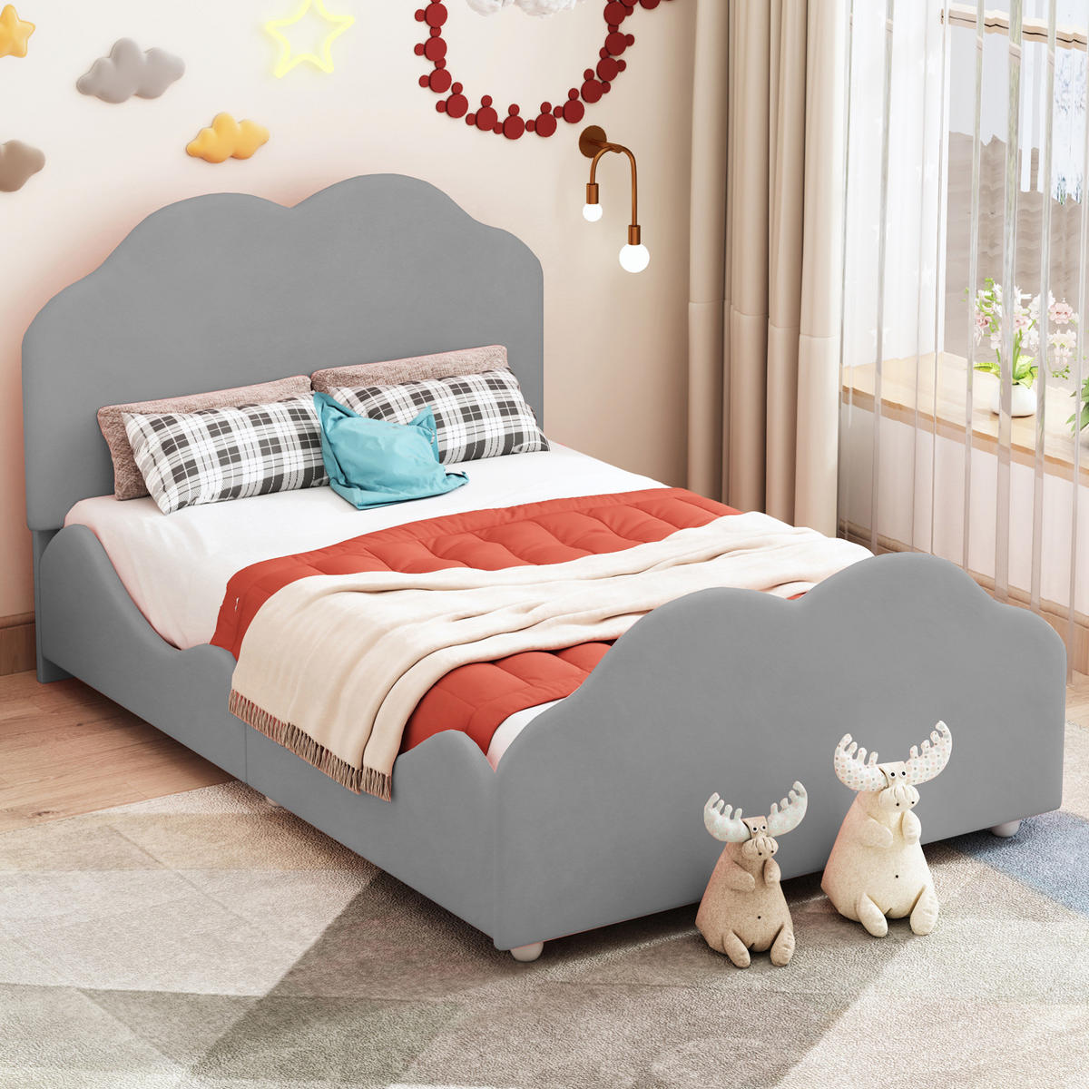 KINDERBETT aus Stoff 207,5x95x107,5 cm Grau mit Zaun, wolkenförmigem Kopf- und Fußteil - Grau, Textil (90/200cm) - Modfu
