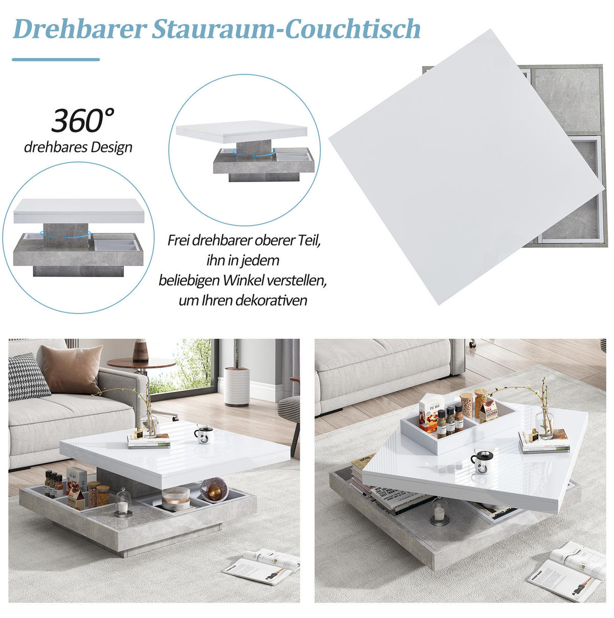 COUCHTISCH 70/70/36 cm weiß/marmor aus Spanplatte mit 360° drehbarer Platte - Weiß, Holzwerkstoff (70/70/36cm) - OKMYHOME