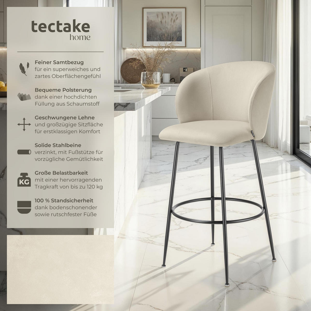 BARSTUHL Luana,51 x 60 x 106 cm, Belastbarkeit 120 kg,creme/schwarz - Creme/Schwarz, Kunststoff (51/106/60cm) - tectake