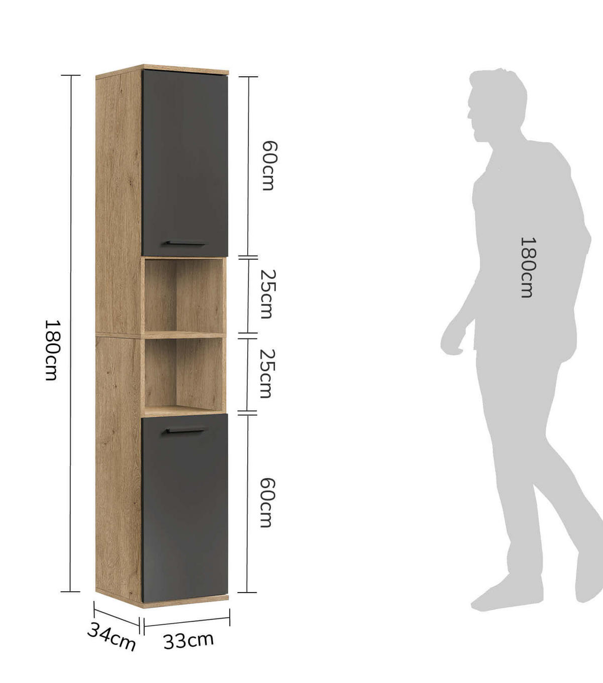 BAD HOCHSCHRANK Der Kapitän - Anthrazit, Holzwerkstoff (33/180/34cm) - Mokebo