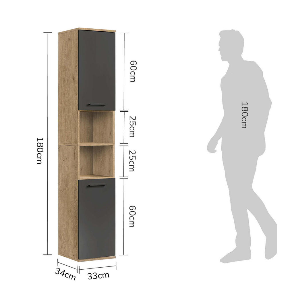 Thumbnail - Mokebo Bad, Anthrazit, Holzwerkstoff, 2 Fächer, 33x180x34 cm, Badezimmer, Badezimmerschränke, Hochschränke