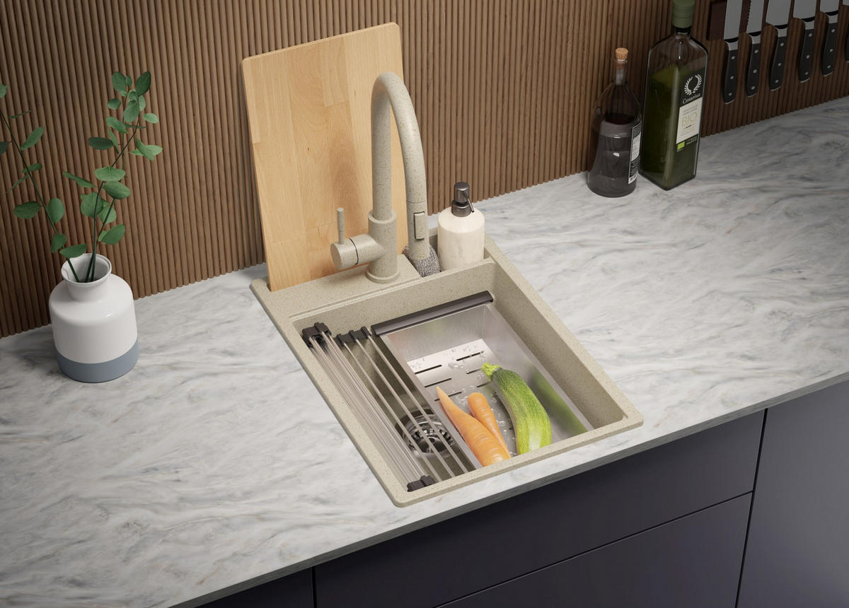 SPÜLBECKEN Oslo Pocket, 2-er set Beige 38/53 cm 1 Becken + Ablauf-Set + Küchenzubehörset ab 40er Unterschrank - Chromfarben/Beige, Kunststoff (38/20/53cm) - Primagran