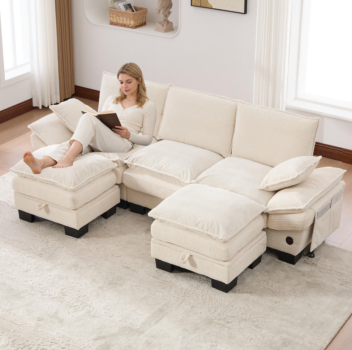 WOHNLANDSCHAFT aus Corduroy 260x132x84 cm in Beige mit USB-C & Seitentaschen - Beige, Textil (132/84/260cm) - Modfu