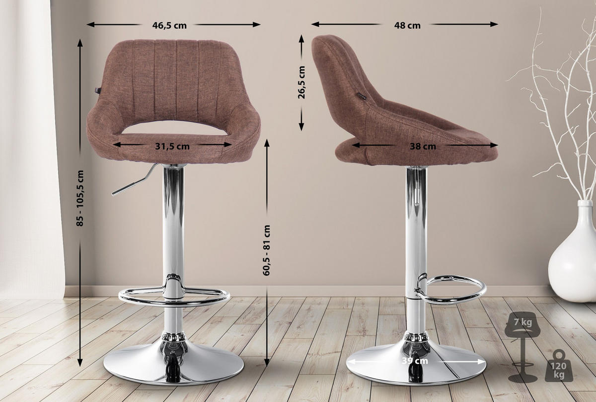 BARHOCKER Stoff braun - Chromfarben/Braun, Textil/Metall (46.5/85/48cm) - CLP