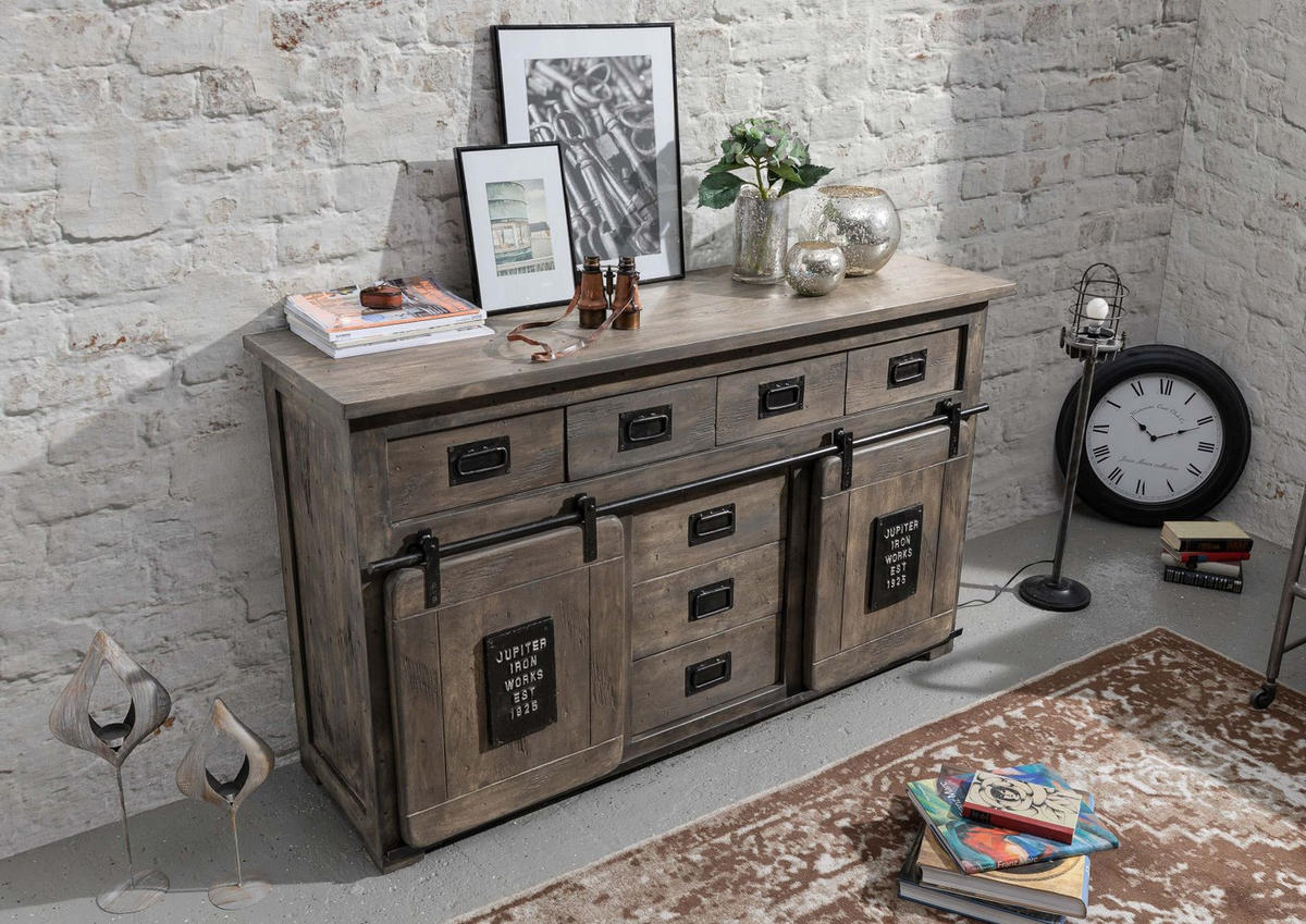 SIDEBOARD Mango 150x45x90 grau lackiert RAILWAY #219 - Grau, Holz (150/90/45cm) - Massivmoebel24