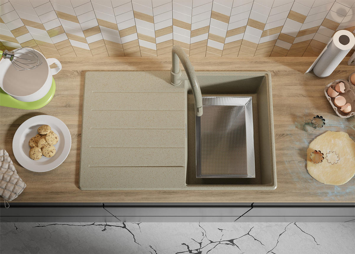 SPÜLBECKEN Kopenhagen, 2-er set Beige 78/50 cm 1 Becken + Ablauf-Set + Schneidebrett ab 45er Unterschrank - Chromfarben/Beige, Kunststoff (78/20/50cm) - Primagran