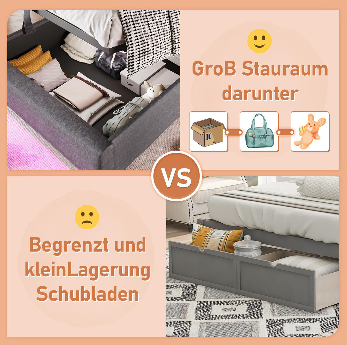 POLSTERBETT 90/200 cm mit LED-Beleuchtung, App-Steuerung, USB-Anschluss und hydraulischem Stauraum, Grau - Grau, Textil (90/200cm) - Redom